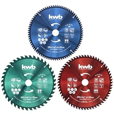 Afbeelding van kwb Cirkelzaagbladenset 250 x 30/25/16 mm voor handcirkelzagen resp. tafelcirkelzagen, plaatmaterialen en bouwmaterialen van hout incl. reduceerringen op 16 25