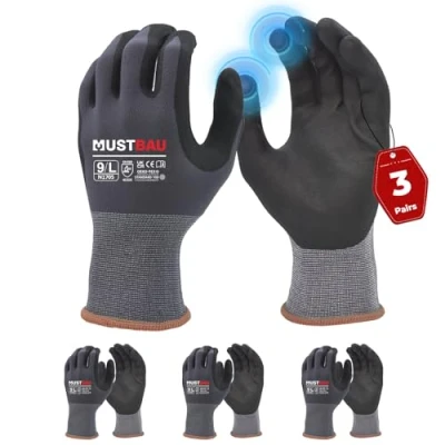 Afbeelding van Mustbau 3 paar werkhandschoenen met touchscreen, slijtvaste nitril handschoenen, uitstekende grip, geschikt voor tuinieren, mechanica, bouwplaats (grijs, L)