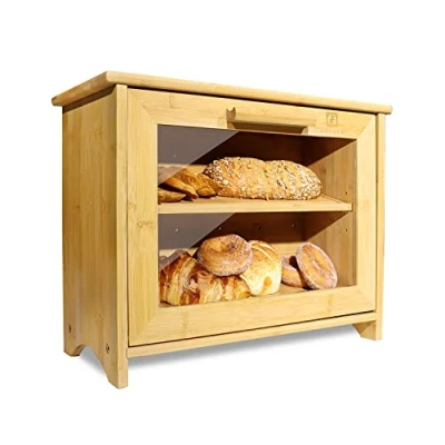Afbeelding van ODEDEN Bamboebroodbak, tweelaagse brooddoos, broodopslag voor keukenaanrecht, gebak, huisgemaakt brood, broodjes, gebak