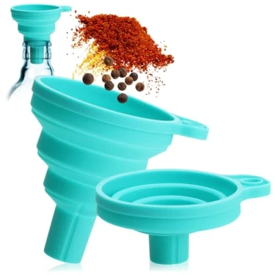 Afbeelding van COM FOUR® 2x opvouwbare trechter schenkhulp voor vullen en overgieten siliconen vulopening keuken huishouden omsteller (2 stuks opvouwbaar/blauw)