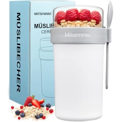 Afbeelding van Mitsemmo Mueslibeker to go, 760 ml + 230 ml, muesli cup yoghurtbeker go met lepel, cornflakes mueslibeker, ontbijtdoos, yoghurt beker (wit)