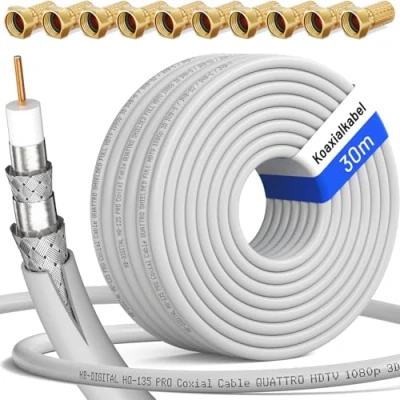 Afbeelding van 135dB 30m coaxiale SAT kabel HQ 135 PRO 4 voudig afgeschermd voor DVB S / S2 C en T BK systemen + 10 vergulde F stekker set gratis