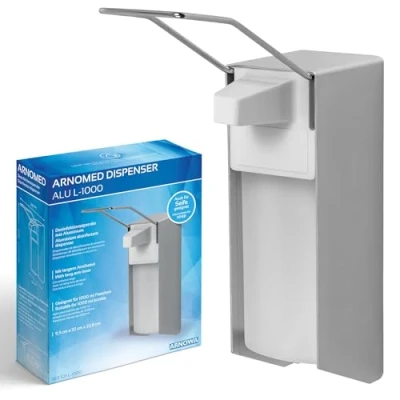 Afbeelding van ARNOMED 1x aluminium desinfectiemiddeldispenser, desinfectiemiddeldispenser voor 1000 ml, dispenser met lange armhendel, zeepdispenser wandmontage, zeepdispenser, wand