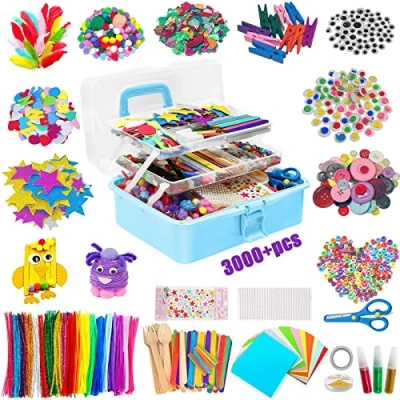 Afbeelding van Withosent Knutselset voor kinderen, 3000+ stuks, doe het zelf knutselspullen, knutselsets kinderknutselkoffer, knutselaccessoires pijpenrager, ijslolly, pompons, kralen, scrapbooking
