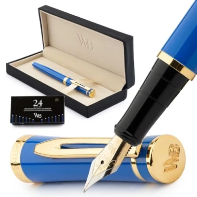 Afbeelding van Wordsworth &amp; Black Vulpenset, 18K vergulde fijne penpunt, inclusief 24 stuks inktpatronen, inktnavulconverter en geschenkdoos, gouden afwerking, kalligrafie, [keizerlijk blauw], perfect voor mannen
