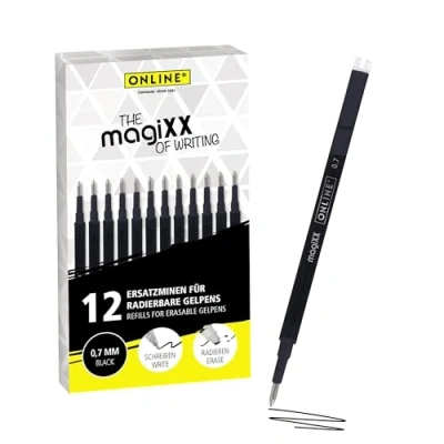 Afbeelding van Online 12 x uitwisbare reservevullingen, compatibel met Pilot Frixion, magiXX, zwart, 0,7 mm lijndikte, reservevulling voor gelpen, uitwisbaar, navullingen gelrollerball inkt