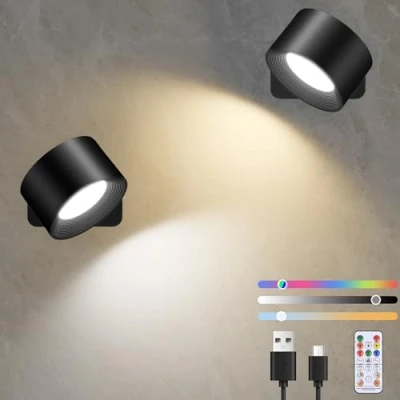 Afbeelding van Diealles Shine Led wandlamp voor binnen, 2 stuks, USB C zonder stroomaansluiting, dimbare lampen boren, 360 draaibare magneetbal, touch control en afstandsbediening, 19 RGB kleuren