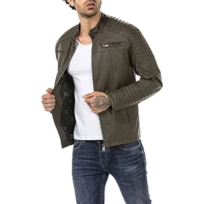 Afbeelding van Redbridge Leren herenjack, bikerjack in zwart kunstleer groen Medium