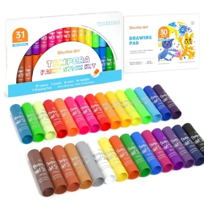 Afbeelding van Tempera Paint Sticks, Shuttle Art 31 Pack Solid Set, 30 Colours with 1 Drawing Pad for Kids, Washable, Super Quick Drying, Works Great on Paper Wood Glass Ceramic Canvas