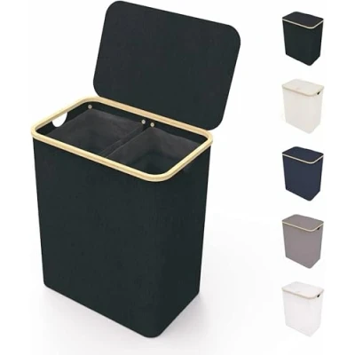 Afbeelding van LONBET Wasmand met deksel &amp; 2 compartimenten 150L Groot Ademend stevig bamboe frame inclusief uitneembare waszak Wasbaar Wasmanden Waterdicht Zwart