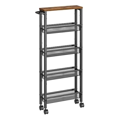 Afbeelding van VASAGLE LRC034B01 Trolley met 5 niveaus, smalle keukentrolley op wielen, staal, handgreep, voor kleine ruimtes, keuken, badkamer, woonkamer, studeerkamer, 13 x 45,4 99,6 cm, vintage bruin zwart
