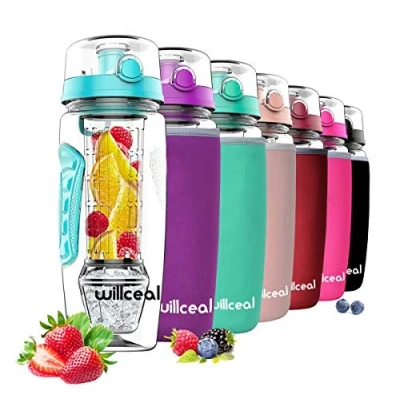 Afbeelding van Willceal Waterfles met fruit infuser, 945 ml, duurzaam afneembare ijsgelbal, groot, BPA vrij Tritan, flip deksel, dicht ontwerp, sport en camping (petrol)