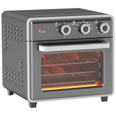 Afbeelding van HOMCOM Minibackofen mit Umluft 20L Mini Ofen Backblech, Grillrost und Krümelblech, 90 C 230 Heißluftfritteuse 5 Modi, Frittierkorb, 60 Min. Timer, 1400W, Metall