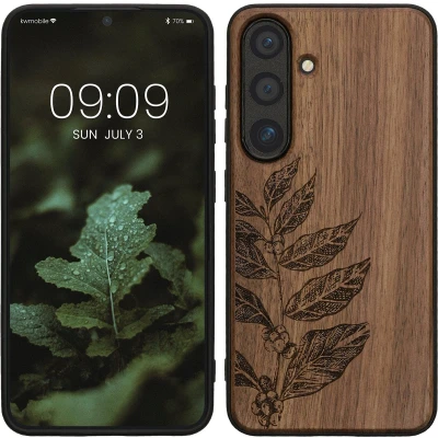 Afbeelding van kwmobile telefoonhoesje geschikt voorSamsung Galaxy S25 Hoesje met bumper hout In donkerbruin Bladertak design