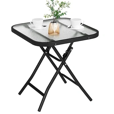 Afbeelding van eSituro klaptafel, opklapbare bijzettafel, balkontafel, campingtafel, tuintafel, bistrotafel, met metalen frame, rechthoekig tafelblad van gehard glas, 46x46x48cm, zwart+transparant SCPT0042