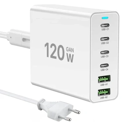 Afbeelding van USB c Oplader 120W GaN，Multiple Charger【4USB + 2USB A】 PD Oplader, 6 Port Oplaadstation Compatibel met iPhone/Samsung/Google/Tablet/Mobiele macht en andere apparaten (Wit)