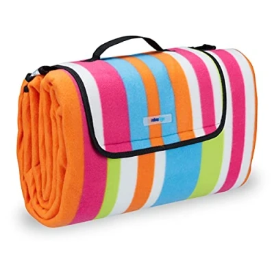 Afbeelding van Relaxdays picknickkleed XXL, bonte strepen, 200 x cm, fleece strandkleed, warmte isolerend, met handvat, kleurrijk