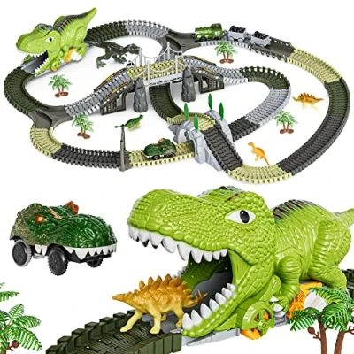 Afbeelding van Dinosaurus Speelgoed Racebaan,281 Stuks Treinspeelgoed voor Kinderen 3 4 5 6 jaar oud,Flexibele Treinrails met Dinosaurussen,2 Elektrische Raceauto&#039;s Verlichting