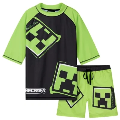 Afbeelding van Minecraft Badpak jongens, tweedelig zwempak zwemshirt &amp; zwemshorts, lichtgroen/zwart, 11 12 Jaren
