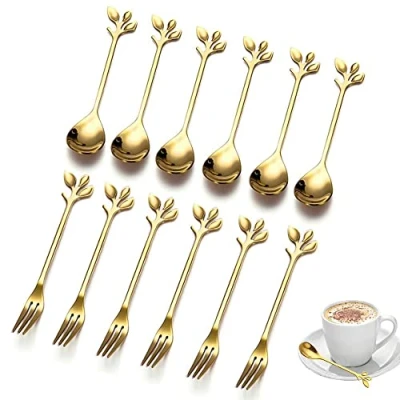 Afbeelding van Dessertlepels en vorken, set van 12 stuks, ijslepel, fruit, vork, koffielepels roestvrij staal, inclusief 6 lepels voor theelepels in de keuken koffie (goud)