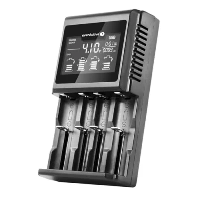 Afbeelding van everActive Oplader voor 4 accu&#039;s 18650 AAA AA C D, professioneel en snel, groot LCD scherm, capaciteitstest, model: UC 4000, zwart, EVUC4000