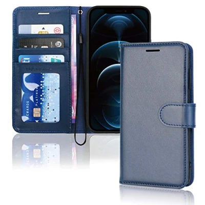 Afbeelding van TECHGEAR Beschermhoes voor iPhone 12 Pro Max, portefeuille, leer, met beschermklep, kaartsleuven, standaard en polsband, PU blauw, compatibel Max 6,7 inch