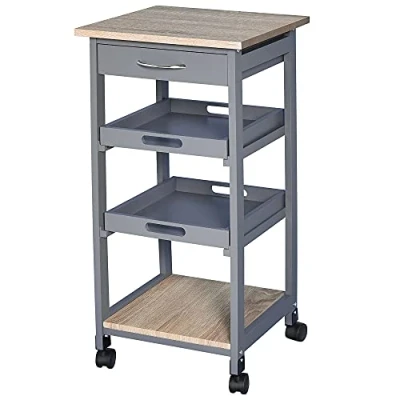 Afbeelding van HOMCOM Serveerwagen met wielen, 2 afneembare dienbladen, lade, plank, MDF, licht eiken, grenenhout, grijs