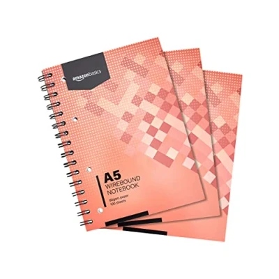Afbeelding van Amazon Basics Notitieboekjes, ringband, 100 vellen, 200 pagina&#039;s, A5, 80g/m2, rood, set van 3