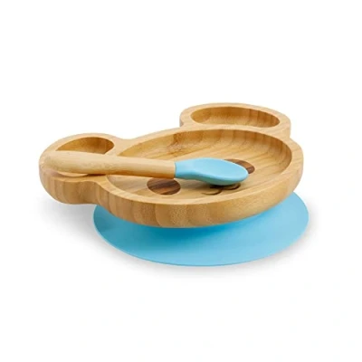 Afbeelding van BIOZOYG Bordenset van bamboe, muis, zuignapbord met lepel, FSC gecertificeerd, schattig, set bamboe houten kommen voor kinderen, bord kleine babyservies, blauw