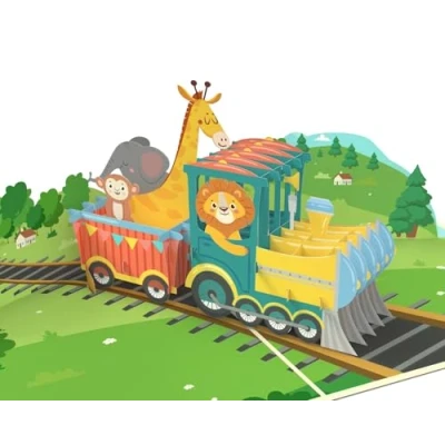 Afbeelding van MOKIO® Pop Up Kaart Stoomlocomotief met dieren 3D wenskaart voor een verjaardag, Verjaardagskaart