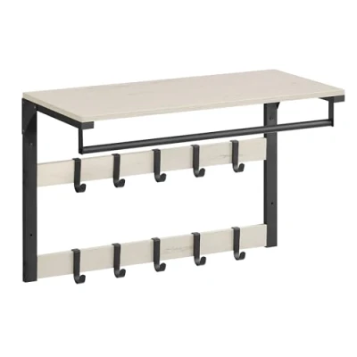 Afbeelding van VASAGLE wandkapstok, met plank, wandplank 10 afneembare haken, hangplank, wandmontage, 2 kapstokken, kledingroede, voor hal, slaapkamer, badkamer, vintage wit zwart LCR101W03