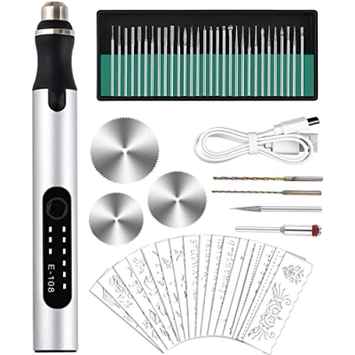 Afbeelding van Elektrische graveerpen, graveergereedschapsset, graveerapparaat, USB mini graveerpen met graveeraccessoires voor snijden, glas, hout, metaal, steen, kunststof, keramiek, sieraden, nagels