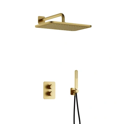 Afbeelding van Hotbath Gal Regendoucheset IBS40A Geborsteld Messing PVD Staaf Handdouche 40cm Hoofddouche Wandarm met wandhouder