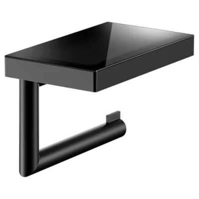 Afbeelding van KEUCO Toiletpapierhouder van metaal, zwart mat gepoedercoat, lijm of boren, plank, anti slip inzetstuk, wc rolhouder voor badkamer en gastentoilet, Reva Black Selection