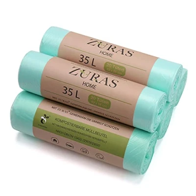 Afbeelding van ZURAS® 35 liter afvalzakken voor organisch afval 100 composteerbare, biologisch afbreekbare op plantaardige basis, DIN en 13432 gecertificeerd getest, scheurvast waterdicht