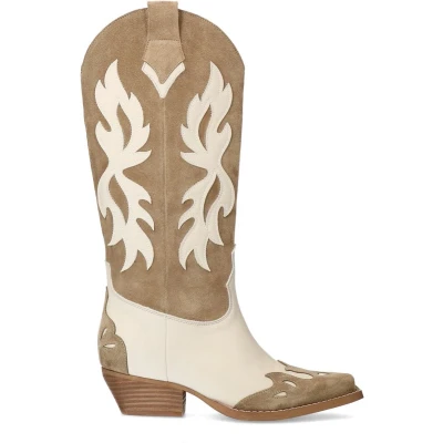Afbeelding van Sacha Dames Beige suède cowboylaarzen met sierstiksels Maat 36