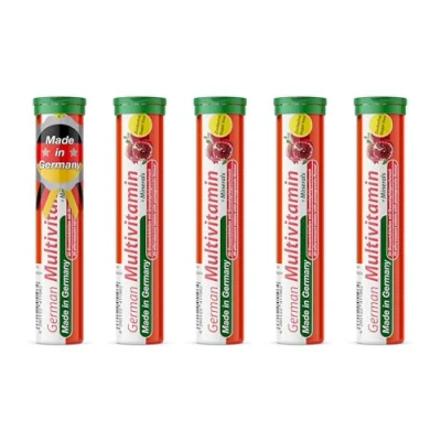 Afbeelding van Multivitamine + mineralen bruistabletten 5x20 = 100 stuks Granaatappelsmaak Vitamine C, E, B1, B2, B6, B12, biotine, foliumzuur, niacine, pantotheenzuur, calcium, magnesium T&amp;D Pharma German Multivitamin Minerals Made in Germany