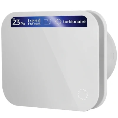 Afbeelding van Turbionaire TREND 120 SWM Afzuigkap, Afzuiging, Ventilatie voor Badkamer, Keuken, Wand/Plafond, Frontpaneel Wit Opaak, Diameter 120mm, m3/h, 23Pa, Terugslagklep, Stil 39dB, IPX4