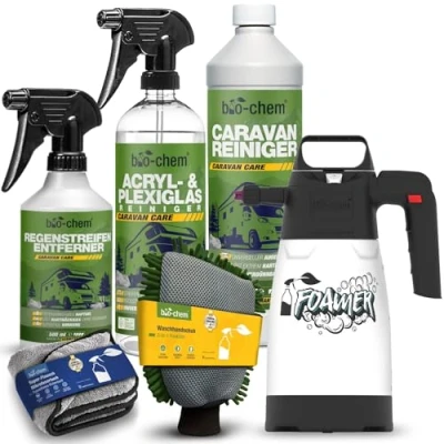 Afbeelding van bio chem Caravan onderhoudsset voor buiten, 6 delig, 1 liter caravanreiniger + x 500 ml regenstripverwijderaar, 750 acryl en plexiglasreiniger accessoires, camper, caravan, voortent