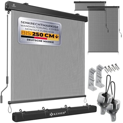 Afbeelding van KESSER® Verticale zonwering, 200 x 250 cm, buitenrolgordijn, handslingermechanisme, balkonrolgordijn incl. montageset &amp; cover, zon en inkijkbescherming, zonwering met zwengel, luifelkast, balkon