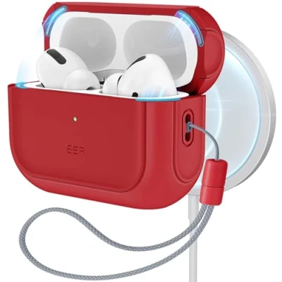Afbeelding van ESR Beschermhoes voor AirPods Pro 2/1 Gen (2023/2022/2019), compatibel met 2 (USB C/Lightning Cable), MagSafe compatibele hoes, valbeveiliging, magneetsluiting, Orbit serie, rood