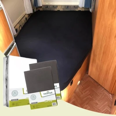 Afbeelding van Dexitex Hoeslakens Frans Bed 3 delig 2 Antraciet + 1 Matrasbeschermer hoek rechts Matras Caravan met voor Camper Oeko TEX 100% katoen