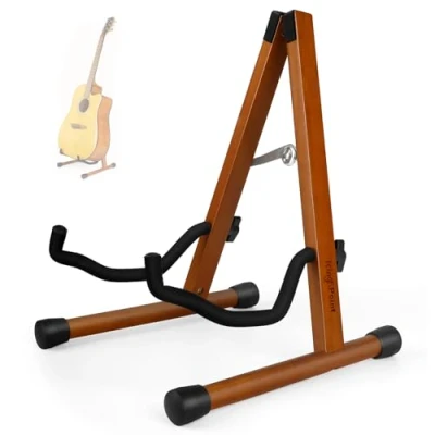 Afbeelding van houten gitaarstandaard, akoestische elektrische frame opvouwbare gitaarhouder verstelbaar voor bas, cello, mandoline, banjo, ukelele (mahoniehout)
