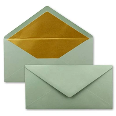 Afbeelding van 100 enveloppen DIN lang eucalyptus (groen) met goud metallic binnenvoering 110 x 220 mm nat lijmen feestelijke voor Kerstmis