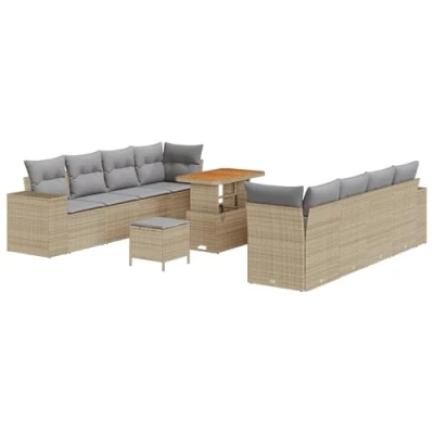 Afbeelding van vidaXL 11 delige tuinset met kussens in beige poly rattan en acacia