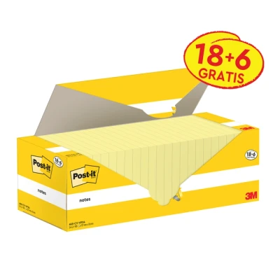 Afbeelding van Post it Notes 100 vel ft 76 x 127 mm kanariegeel (canary yellow) 18 blokken + 6 GRATIS