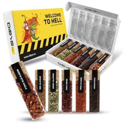 Afbeelding van DIBYS WELCOME TO HELL Scherpe Chili Cadeau Set 6 Pittige Kruiden inclusief Receptkaarten Kit met Chilivlokken, Ancho Chili, Bird&#039;s Eye &amp; meer Cadeaus voor Kookliefhebbers