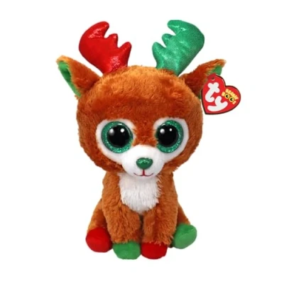 Afbeelding van Ty Beanie Boos Tinseltoes het rendier met grote en glinsterende groene ogen, pluche dier ogen speciaal voor Kerstmis 15 cm T37354