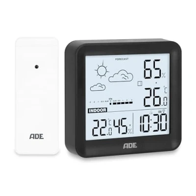 Afbeelding van ADE Klein digitaal weerstation met buitensensor en weersvoorspelling, binnen buitentemperatuur, luchtvochtigheid, radiogestuurde klok wekker, incl. batterijen, zwart
