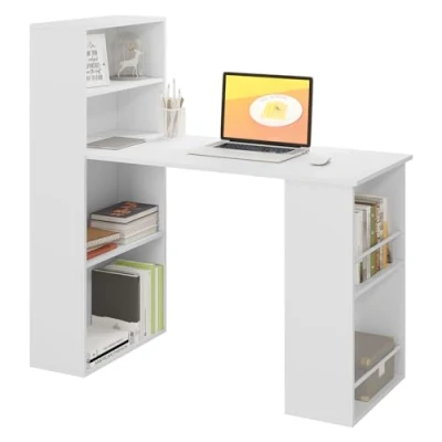 Afbeelding van eSituro bureau, hoekbureau met planken, computerbureau opbergruimte, bureau wit modern, kleine tafel, voor woonkamer, thuiskantoor, studeerkamer, kantoor, 122x120x55 cm